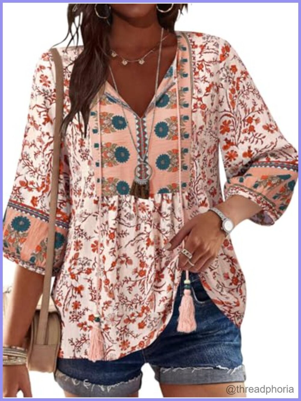 Womens Cotton Linen Boho Tunic Top 3/4 Sleeve V Neck Peplum Blouse